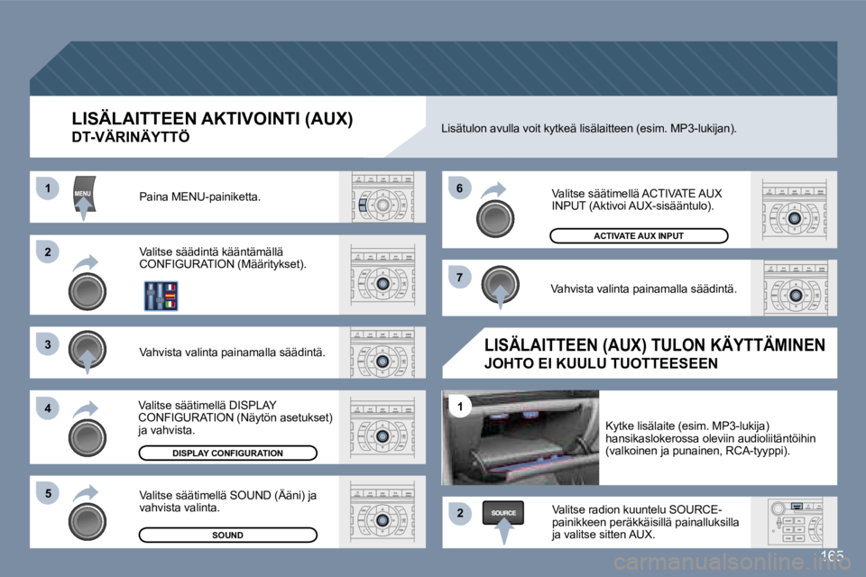 Peugeot 407 2006  Omistajan käsikirja (in Finnish) �2 
�3 
�4�5 �6 
�7
�2
�1
�1
�L�I�S�Ä�L�A�I�T�T�E�E�N� �A�K�T�I�V�O�I�N�T�I� �(�A�U�X�)� 
�D�T�-�V�Ä�R�I�N�Ä�Y�T�T�Ö
�P�a�i�n�a� �M�E�N�U�-�p�a�i�n�i�k�e�t�t�a�.�  
�V�a�l�i�t�s�e� �s�ä�ä�d�i�n�