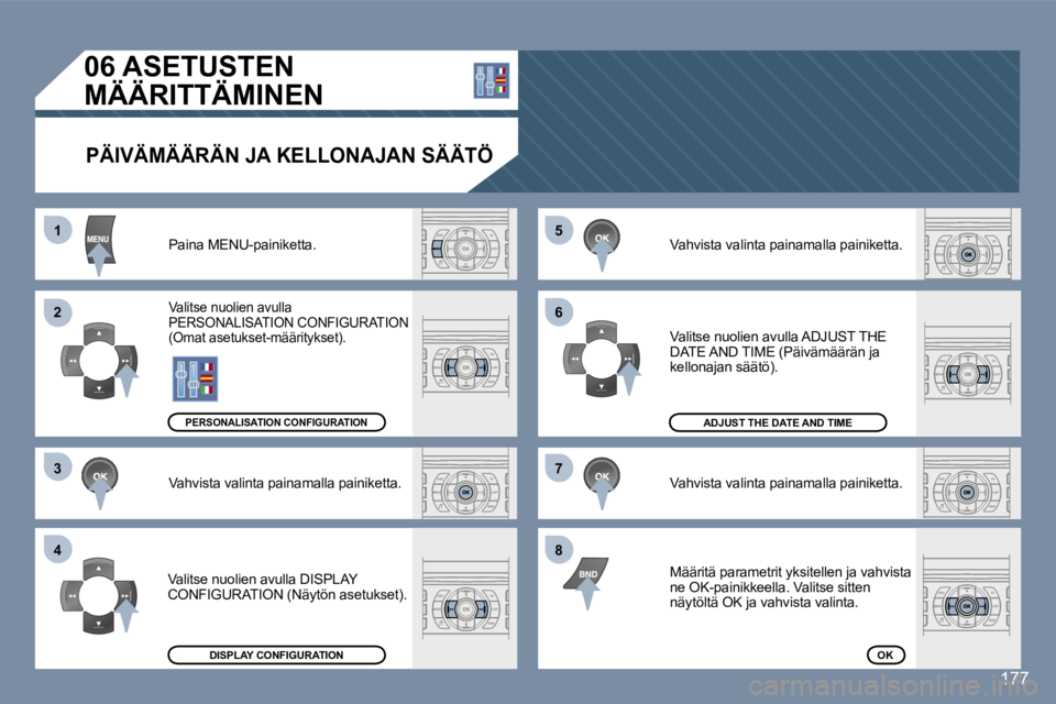 Peugeot 407 2006  Omistajan käsikirja (in Finnish) �5 
�6 
�7 
�8�1 
�2 
�3 
�4
�1�7�7
�0�6� �A�S�E�T�U�S�T�E�N�  
�M�Ä�Ä�R�I�T�T�Ä�M�I�N�E�N
�P�Ä�I�V�Ä�M�Ä�Ä�R�Ä�N� �J�A� �K�E�L�L�O�N�A�J�A�N� �S�Ä�Ä�T�Ö
�P�a�i�n�a� �M�E�N�U�-�p�a�i�n�i�k�