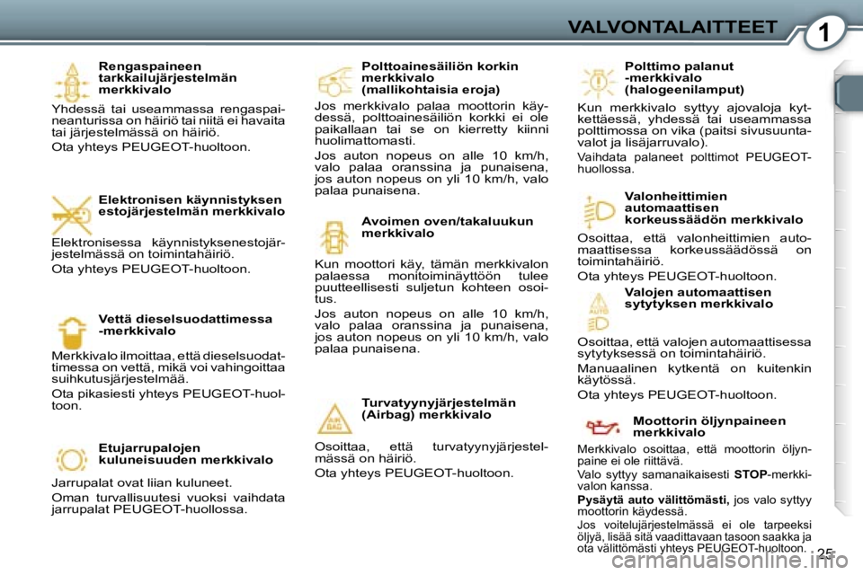 Peugeot 407 2006  Omistajan käsikirja (in Finnish) �1�V�A�L�V�O�N�T�A�L�A�I�T�T�E�E�T
�2�5
�R�e�n�g�a�s�p�a�i�n�e�e�n�  
�t�a�r�k�k�a�i�l�u�j�ä�r�j�e�s�t�e�l�m�ä�n� 
�m�e�r�k�k�i�v�a�l�o
�Y�h�d�e�s�s�ä�  �t�a�i�  �u�s�e�a�m�m�a�s�s�a�  �r�e�n�g�a�s