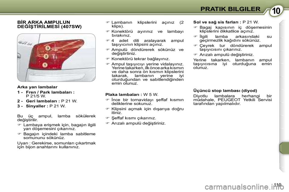 Peugeot 407 2006  Kullanım Kılavuzu (in Turkish) �1�0�P�R�A�T�I�K� �B�I�L�G�I�L�E�R
�1�1�9
�B�İ�R� �A�R�K�A� �A�M�P�U�L�U�N�  
�D�E�Ğ�İ�Ş�T�İ�R�İ�L�M�E�S�İ� �(�4�0�7�S�W�)�S�o�l� �v�e� �s�a�ğ� �s�i�s� �f�a�r�l�a�r�ı� �:� �P� �2�1� �W�.
�
