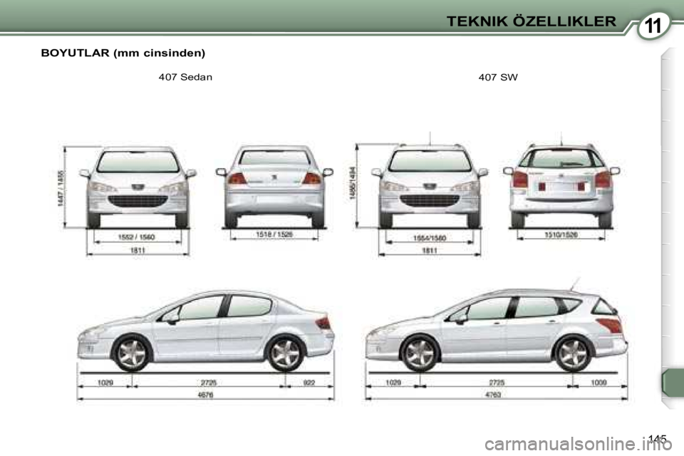 Peugeot 407 2006  Kullanım Kılavuzu (in Turkish) �1�1�T�E�K�N�I�K� �Ö�Z�E�L�L�I�K�L�E�R
�1�4�5
�B�O�Y�U�T�L�A�R� �(�m�m� �c�i�n�s�i�n�d�e�n�)� 
�4�0�7� �S�e�d�a�n�4�0�7� �S�W   
