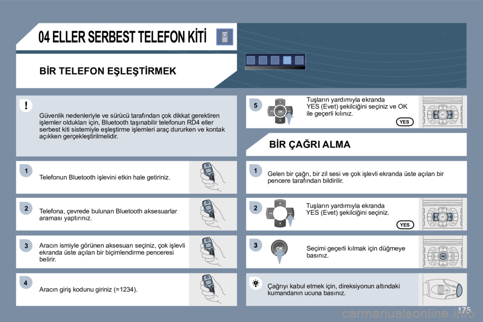 Peugeot 407 2006  Kullanım Kılavuzu (in Turkish) �1 
�2 
�3�1
�2
�3
�4 �5
�3
�1�7�5
�0�4� �E�L�L�E�R� �S�E�R�B�E�S�T� �T�E�L�E�F�O�N� �K�İ�T�İ� 
�B�İ�R� �T�E�L�E�F�O�N� �E�Ş�L�E�Ş�T�İ�R�M�E�K
�G�ü�v�e�n�l�i�k� �n�e�d�e�n�l�e�r�i�y�l�e� �v�e� 