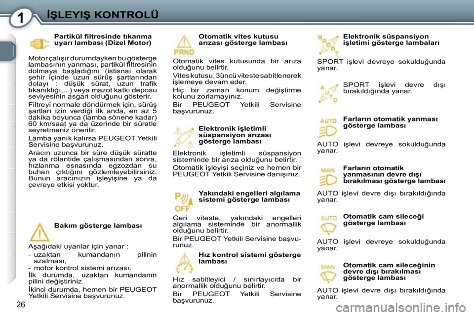 Peugeot 407 2006  Kullanım Kılavuzu (in Turkish) �1�İ�Ş�L�E�Y�I�Ş� �K�O�N�T�R�O�L�Ü
�2�6
�E�l�e�k�t�r�o�n�i�k� �s�ü�s�p�a�n�s�i�y�o�n�  
�i�ş�l�e�t�i�m�i� �g�ö�s�t�e�r�g�e� �l�a�m�b�a�l�a�r�ı
�S�P�O�R�T�  �i�ş�l�e�v�i�  �d�e�v�r�e�y�e�  �s�