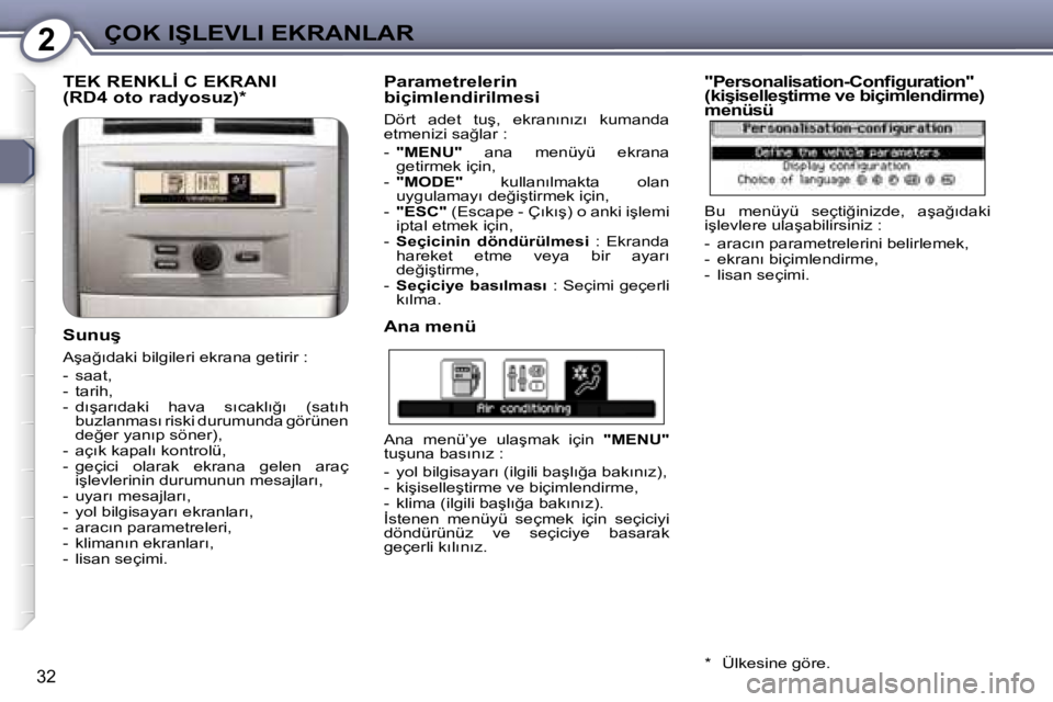 Peugeot 407 2006  Kullanım Kılavuzu (in Turkish) �2�Ç�O�K� �I�Ş�L�E�V�L�I� �E�K�R�A�N�L�A�R
�3�2
�T�E�K� �R�E�N�K�L�İ� �C� �E�K�R�A�N�I 
�(�R�D�4� �o�t�o� �r�a�d�y�o�s�u�z�)�*
�S�u�n�u�ş
�A�ş�a�ğ�ı�d�a�k�i� �b�i�l�g�i�l�e�r�i� �e�k�r�a�n�a� �