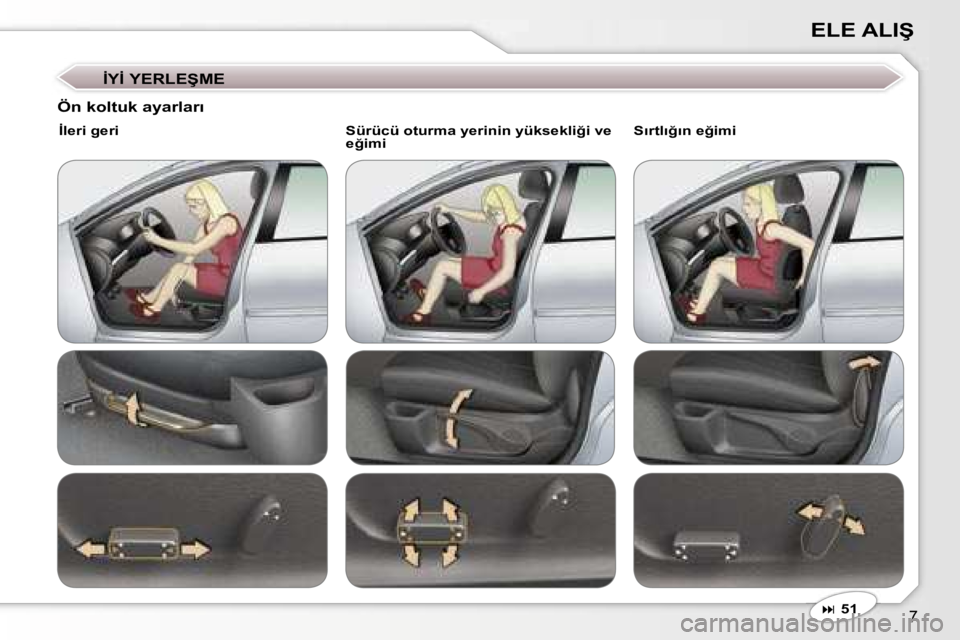 Peugeot 407 2006  Kullanım Kılavuzu (in Turkish) �7
�E�L�E� �A�L�I�Ş
�İ�Y�İ� �Y�E�R�L�E�Ş�M�E
�� �5�1
�Ö�n� �k�o�l�t�u�k� �a�y�a�r�l�a�r�ı
�İ�l�e�r�i� �g�e�r�i�  �S�ü�r�ü�c�ü� �o�t�u�r�m�a� �y�e�r�i�n�i�n� �y�ü�k�s�e�k�l�i�ğ�i� �v�e� 