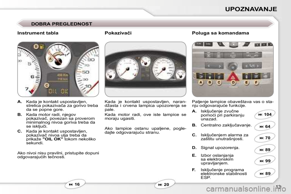 Peugeot 407 2006  Упутство за употребу (in Serbian) �1�3
�U�P�O�Z�N�A�V�A�N�J�E� 
�D�O�B�R�A� �P�R�E�G�L�E�D�N�O�S�T
�I�n�s�t�r�u�m�e�n�t� �t�a�b�l�a �P�o�l�u�g�a� �s�a� �k�o�m�a�n�d�a�m�a
�A�.�  �K�a�d�a� �j�e� �k�o�n�t�a�k�t� �u�s�p�o�s�t�a�v�l�j�e�n