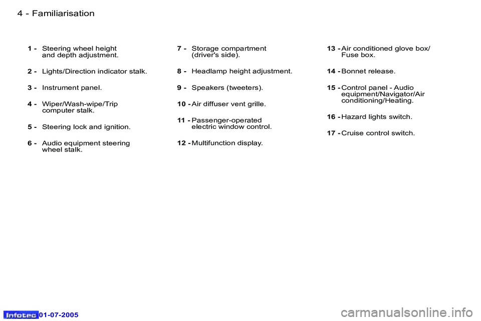 Peugeot 407 2005.5  Owners Manual �4 �-
�0�1�-�0�7�-�2�0�0�5
�5
�-
�0�1�-�0�7�-�2�0�0�5
�1� �- �  �S�t�e�e�r�i�n�g� �w�h�e�e�l� �h�e�i�g�h�t
�a�n�d� �d�e�p�t�h� �a�d�j�u�s�t�m�e�n�t�.
�2� �- �  �L�i�g�h�t�s�/�D�i�r�e�c�t�i�o�n� �i�n�d