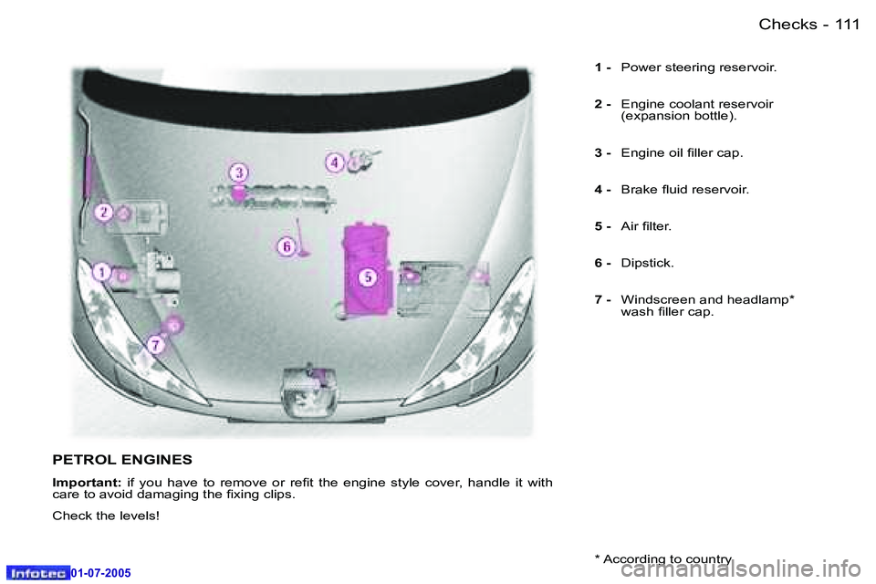 Peugeot 407 2005.5  Owners Manual �C�h�e�c�k�s�1�1�0 �-
�0�1�-�0�7�-�2�0�0�5
�1�1�1�C�h�e�c�k�s�-
�0�1�-�0�7�-�2�0�0�5
�1� �-� �  �P�o�w�e�r� �s�t�e�e�r�i�n�g� �r�e�s�e�r�v�o�i�r�.
�2� �-� �  �E�n�g�i�n�e� �c�o�o�l�a�n�t� �r�e�s�e�r�v