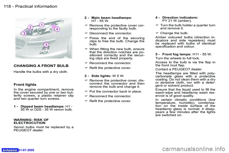 Peugeot 407 2005.5  Owners Manual �P�r�a�c�t�i�c�a�l� �i�n�f�o�r�m�a�t�i�o�n�1�1�8 �-
�0�1�-�0�7�-�2�0�0�5
�1�1�9�P�r�a�c�t�i�c�a�l� �i�n�f�o�r�m�a�t�i�o�n�-
�0�1�-�0�7�-�2�0�0�5
�C�H�A�N�G�I�N�G� �A� �F�R�O�N�T� �B�U�L�B
�H�a�n�d�l�e