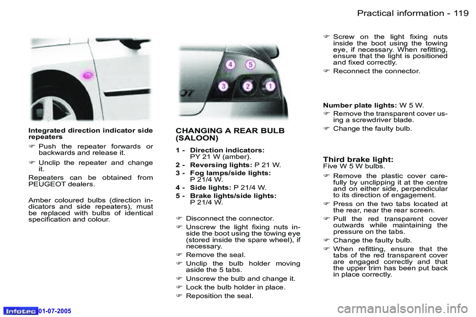 Peugeot 407 2005.5  Owners Manual �P�r�a�c�t�i�c�a�l� �i�n�f�o�r�m�a�t�i�o�n�1�1�8 �-
�0�1�-�0�7�-�2�0�0�5
�1�1�9�P�r�a�c�t�i�c�a�l� �i�n�f�o�r�m�a�t�i�o�n�-
�0�1�-�0�7�-�2�0�0�5
�I�n�t�e�g�r�a�t�e�d� �d�i�r�e�c�t�i�o�n� �i�n�d�i�c�a�