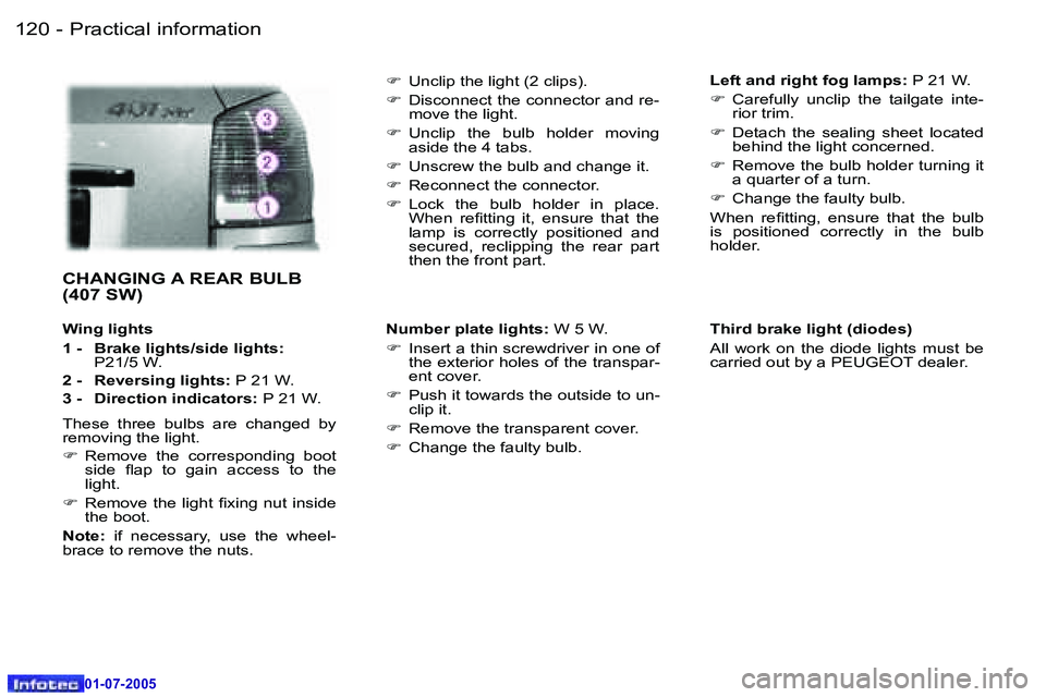 Peugeot 407 2005.5  Owners Manual �P�r�a�c�t�i�c�a�l� �i�n�f�o�r�m�a�t�i�o�n�1�2�0 �-
�0�1�-�0�7�-�2�0�0�5
�1�2�1�P�r�a�c�t�i�c�a�l� �i�n�f�o�r�m�a�t�i�o�n�-
�0�1�-�0�7�-�2�0�0�5
�C�H�A�N�G�I�N�G� �A� �R�E�A�R� �B�U�L�B�  
�(�4�0�7� �
