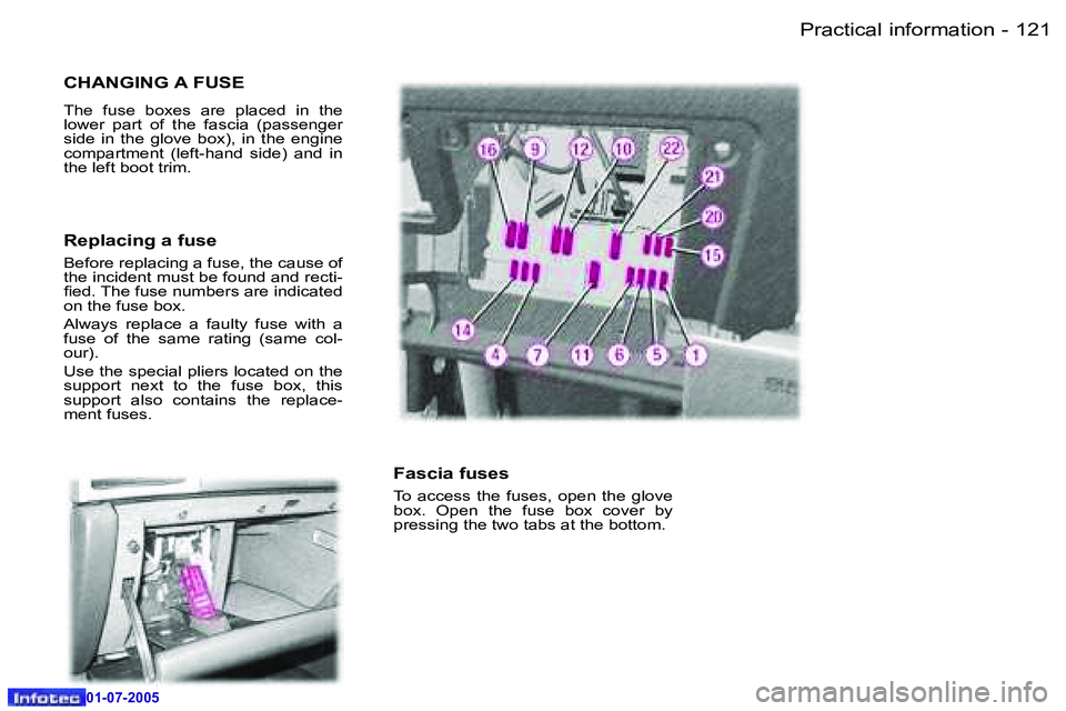 Peugeot 407 2005.5  Owners Manual �P�r�a�c�t�i�c�a�l� �i�n�f�o�r�m�a�t�i�o�n�1�2�0 �-
�0�1�-�0�7�-�2�0�0�5
�1�2�1�P�r�a�c�t�i�c�a�l� �i�n�f�o�r�m�a�t�i�o�n�-
�0�1�-�0�7�-�2�0�0�5
�C�H�A�N�G�I�N�G� �A� �F�U�S�E
�T�h�e�  �f�u�s�e�  �b�o