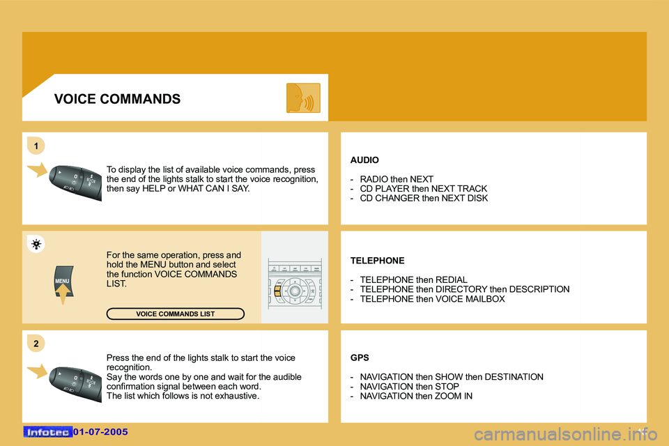 Peugeot 407 2005.5  Owners Manual �1�6
�2
�1
�P�r�e�s�s� �t�h�e� �e�n�d� �o�f� �t�h�e� �l�i�g�h�t�s� �s�t�a�l�k� �t�o� �s�t�a�r�t� �t�h�e� �v�o�i�c �e� 
�r�e�c�o�g�n�i�t�i�o�n�. 
�S�a�y� �t�h�e� �w�o�r�d�s� �o�n�e� �b�y� �o�n�e� �a�n�