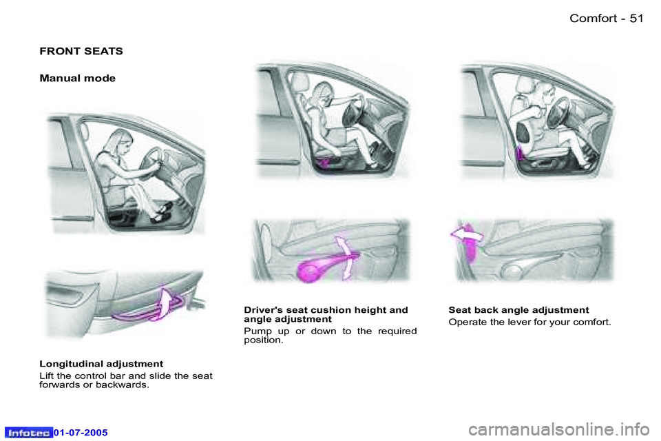 Peugeot 407 2005.5 Workshop Manual �C�o�m�f�o�r�t�5�0 �-
�0�1�-�0�7�-�2�0�0�5
�5�1�C�o�m�f�o�r�t�-
�0�1�-�0�7�-�2�0�0�5
�F�R�O�N�T� �S�E�A�T�S
�M�a�n�u�a�l� �m�o�d�e
�L�o�n�g�i�t�u�d�i�n�a�l� �a�d�j�u�s�t�m�e�n�t 
�L�i�f�t� �t�h�e� �c�