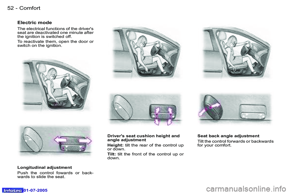Peugeot 407 2005.5 Workshop Manual �C�o�m�f�o�r�t�5�2 �-
�0�1�-�0�7�-�2�0�0�5
�5�3�C�o�m�f�o�r�t�-
�0�1�-�0�7�-�2�0�0�5
�E�l�e�c�t�r�i�c� �m�o�d�e
�T�h�e� �e�l�e�c�t�r�i�c�a�l� �f�u�n�c�t�i�o�n�s� �o�f� �t�h�e� �d�r�i�v�e�r�'�s�  
