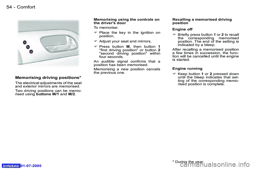 Peugeot 407 2005.5 Workshop Manual �C�o�m�f�o�r�t�5�4 �-
�0�1�-�0�7�-�2�0�0�5
�5�5�C�o�m�f�o�r�t�-
�0�1�-�0�7�-�2�0�0�5
�M�e�m�o�r�i�s�i�n�g� �d�r�i�v�i�n�g� �p�o�s�i�t�i�o�n�s�*
�T�h�e� �e�l�e�c�t�r�i�c�a�l� �a�d�j�u�s�t�m�e�n�t�s� �o