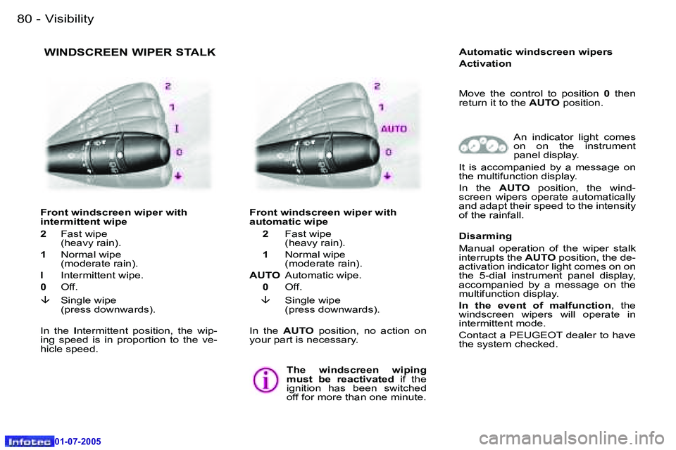 Peugeot 407 2005.5 Owners Manual �V�i�s�i�b�i�l�i�t�y�8�0 �-
�0�1�-�0�7�-�2�0�0�5
�8�1�V�i�s�i�b�i�l�i�t�y�-
�0�1�-�0�7�-�2�0�0�5
� �W�I�N�D�S�C�R�E�E�N� �W�I�P�E�R� �S�T�A�L�K
�F�r�o�n�t� �w�i�n�d�s�c�r�e�e�n� �w�i�p�e�r� �w�i�t�h 
