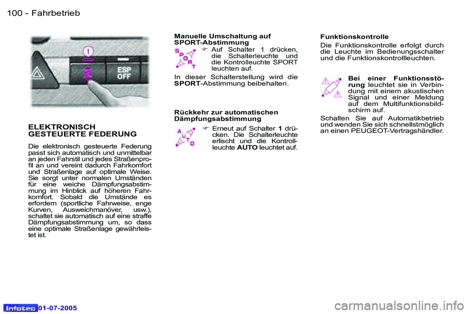 Peugeot 407 2005.5  Betriebsanleitung (in German) �F�a�h�r�b�e�t�r�i�e�b�1�0�0 �-
�0�1�-�0�7�-�2�0�0�5
�1�0�1�F�a�h�r�b�e�t�r�i�e�b�-
�0�1�-�0�7�-�2�0�0�5
�M�a�n�u�e�l�l�e� �U�m�s�c�h�a�l�t�u�n�g� �a�u�f�  
�S�P�O�R�T�-�A�b�s�t�i�m�m�u�n�g�F�  �E�r�n