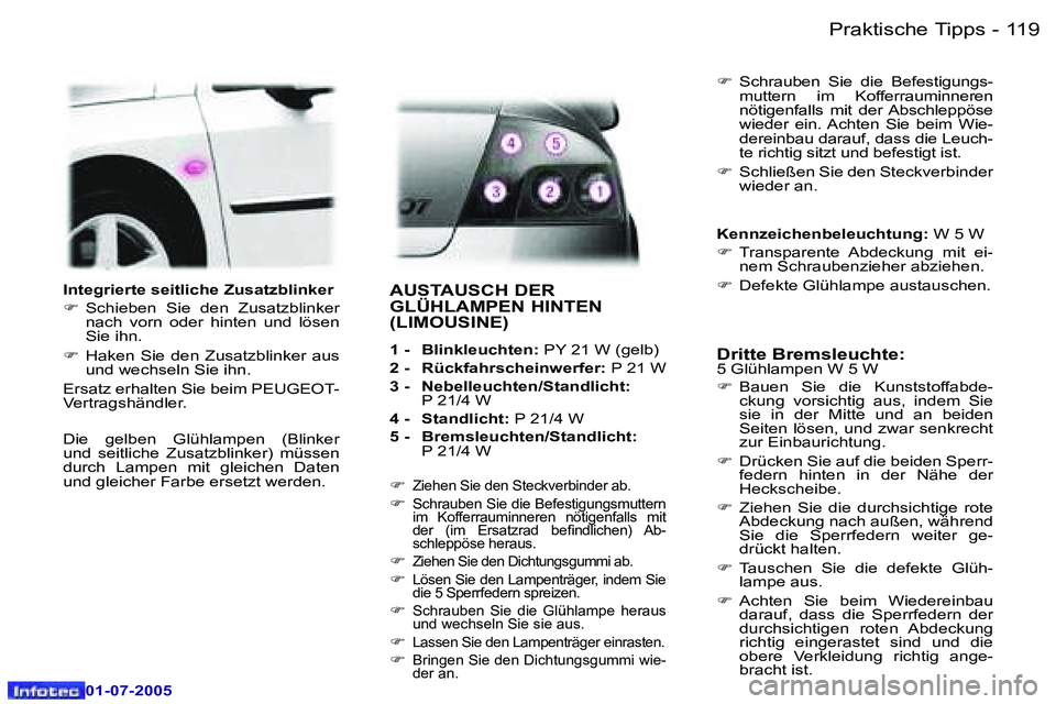 Peugeot 407 2005.5  Betriebsanleitung (in German) �P�r�a�k�t�i�s�c�h�e� �T�i�p�p�s�1�1�8 �-
�0�1�-�0�7�-�2�0�0�5
�1�1�9�P�r�a�k�t�i�s�c�h�e� �T�i�p�p�s�-
�0�1�-�0�7�-�2�0�0�5
�I�n�t�e�g�r�i�e�r�t�e� �s�e�i�t�l�i�c�h�e� �Z�u�s�a�t�z�b�l�i�n�k�e�r� 
�F