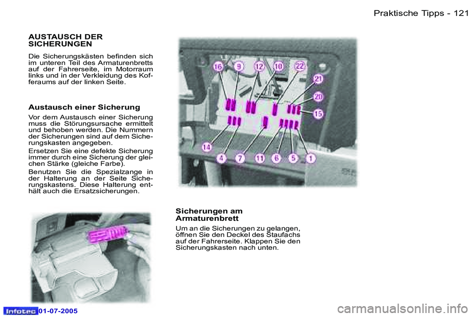 Peugeot 407 2005.5  Betriebsanleitung (in German) �P�r�a�k�t�i�s�c�h�e� �T�i�p�p�s�1�2�0 �-
�0�1�-�0�7�-�2�0�0�5
�1�2�1�P�r�a�k�t�i�s�c�h�e� �T�i�p�p�s�-
�0�1�-�0�7�-�2�0�0�5
�A�U�S�T�A�U�S�C�H� �D�E�R�  
�S�I�C�H�E�R�U�N�G�E�N� 
�D�i�e�  �S�i�c�h�e�