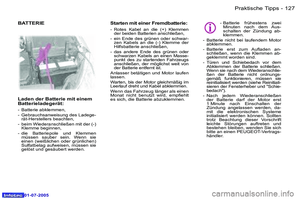 Peugeot 407 2005.5  Betriebsanleitung (in German) �P�r�a�k�t�i�s�c�h�e� �T�i�p�p�s�1�2�6 �-
�0�1�-�0�7�-�2�0�0�5
�1�2�7�P�r�a�k�t�i�s�c�h�e� �T�i�p�p�s�-
�0�1�-�0�7�-�2�0�0�5
�S�t�a�r�t�e�n� �m�i�t� �e�i�n�e�r� �F�r�e�m�d�b�a�t�t�e�r�i�e�:
�-�  �R�o�