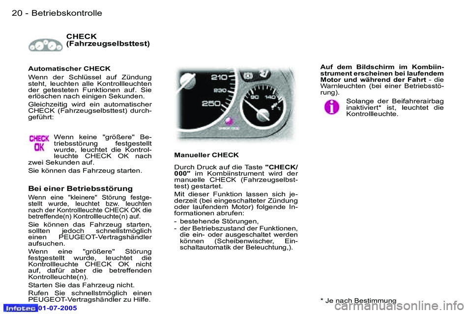 Peugeot 407 2005.5  Betriebsanleitung (in German) �B�e�t�r�i�e�b�s�k�o�n�t�r�o�l�l�e�2�0 �-
�0�1�-�0�7�-�2�0�0�5
�2�1�B�e�t�r�i�e�b�s�k�o�n�t�r�o�l�l�e�-
�0�1�-�0�7�-�2�0�0�5
�C�H�E�C�K�  
�(�F�a�h�r�z�e�u�g�s�e�l�b�s�t�t�e�s�t�)
�B�e�i� �e�i�n�e�r� 