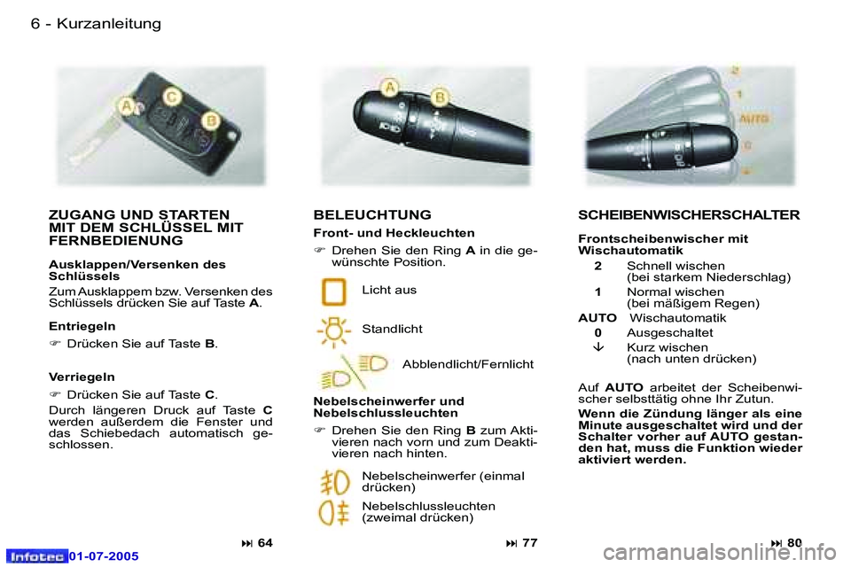 Peugeot 407 2005.5  Betriebsanleitung (in German) �K�u�r�z�a�n�l�e�i�t�u�n�g�6 �-
�0�1�-�0�7�-�2�0�0�5
�7�K�u�r�z�a�n�l�e�i�t�u�n�g�-
�0�1�-�0�7�-�2�0�0�5
�Z�U�G�A�N�G� �U�N�D� �S�T�A�R�T�E�N�  
�M�I�T� �D�E�M� �S�C�H�L�Ü�S�S�E�L� �M�I�T� 
�F�E�R�N�