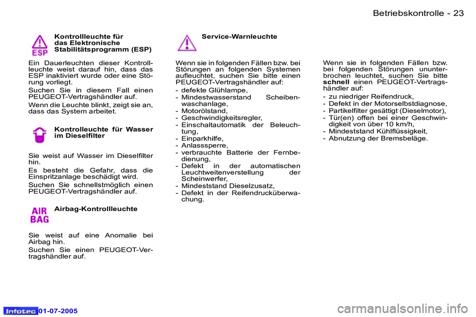 Peugeot 407 2005.5  Betriebsanleitung (in German) �B�e�t�r�i�e�b�s�k�o�n�t�r�o�l�l�e�2�2 �-
�0�1�-�0�7�-�2�0�0�5
�2�3�B�e�t�r�i�e�b�s�k�o�n�t�r�o�l�l�e�-
�0�1�-�0�7�-�2�0�0�5
�K�o�n�t�r�o�l�l�l�e�u�c�h�t�e� �f�ü�r�  
�d�a�s� �E�l�e�k�t�r�o�n�i�s�c�h