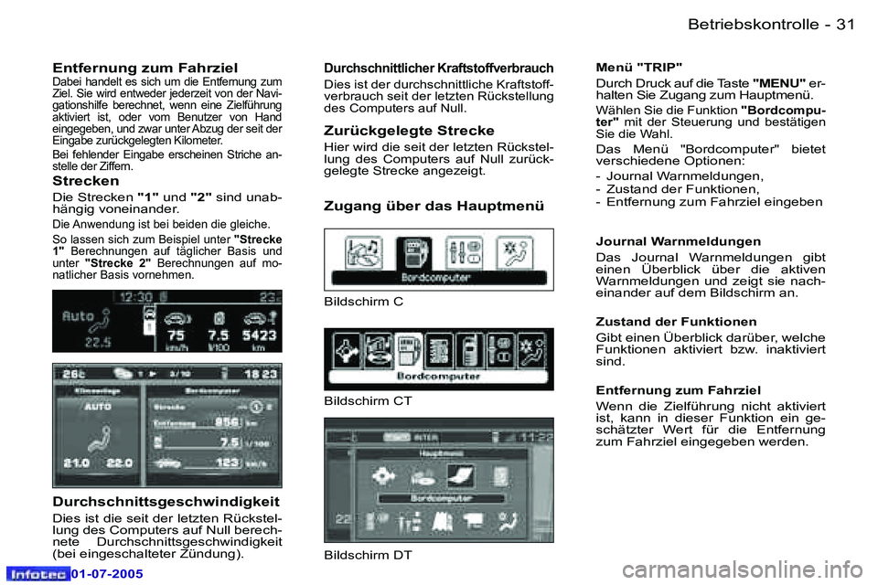 Peugeot 407 2005.5  Betriebsanleitung (in German) �B�e�t�r�i�e�b�s�k�o�n�t�r�o�l�l�e
�3�0 �-
�0�1�-�0�7�-�2�0�0�5
�3�1
�B�e�t�r�i�e�b�s�k�o�n�t�r�o�l�l�e
�-
�0�1�-�0�7�-�2�0�0�5
�E�n�t�f�e�r�n�u�n�g� �z�u�m� �F�a�h�r�z�i�e�l�D�a�b�e�i�  �h�a�n�d�e�l�