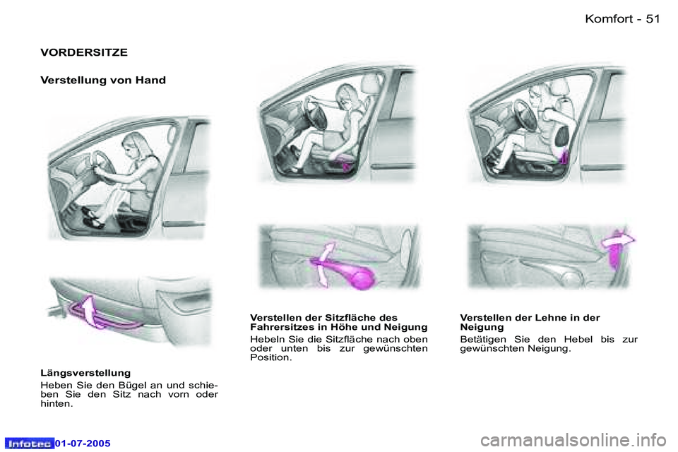 Peugeot 407 2005.5  Betriebsanleitung (in German) �K�o�m�f�o�r�t�5�0 �-
�0�1�-�0�7�-�2�0�0�5
�5�1�K�o�m�f�o�r�t�-
�0�1�-�0�7�-�2�0�0�5
�V�O�R�D�E�R�S�I�T�Z�E� 
�V�e�r�s�t�e�l�l�u�n�g� �v�o�n� �H�a�n�d� 
�L�ä�n�g�s�v�e�r�s�t�e�l�l�u�n�g�  
�H�e�b�e�n
