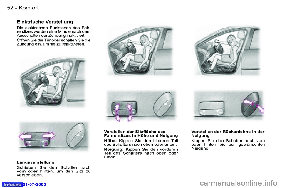 Peugeot 407 2005.5  Betriebsanleitung (in German) �K�o�m�f�o�r�t�5�2 �-
�0�1�-�0�7�-�2�0�0�5
�5�3�K�o�m�f�o�r�t�-
�0�1�-�0�7�-�2�0�0�5
�E�l�e�k�t�r�i�s�c�h�e� �V�e�r�s�t�e�l�l�u�n�g� 
�D�i�e�  �e�l�e�k�t�r�i�s�c�h�e�n�  �F�u�n�k�t�i�o�n�e�n�  �d�e�s�