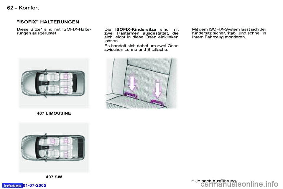 Peugeot 407 2005.5  Betriebsanleitung (in German) �K�o�m�f�o�r�t�6�2 �-
�0�1�-�0�7�-�2�0�0�5
�6�3�K�o�m�f�o�r�t�-
�0�1�-�0�7�-�2�0�0�5
�D�i�e� �I�S�O�F�I�X�-�K�i�n�d�e�r�s�i�t�z�e �  �s�i�n�d�  �m�i�t� 
�z�w�e�i�  �R�a�s�t�a�r�m�e�n�  �a�u�s�g�e�s�t�