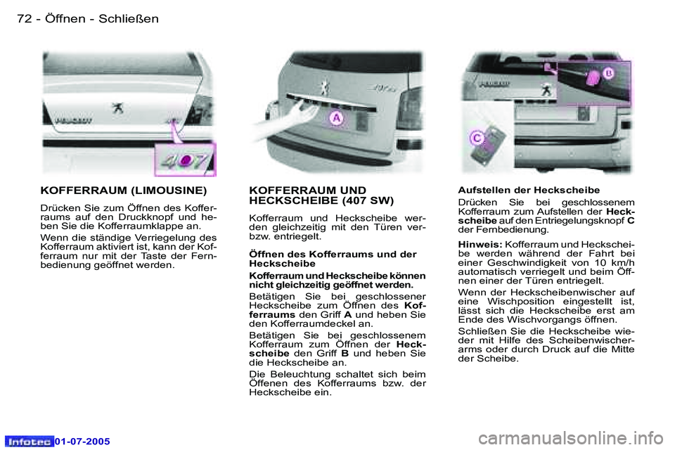 Peugeot 407 2005.5  Betriebsanleitung (in German) �Ö�f�f�n�e�n� �-� �S�c�h�l�i�e�ß�e�n�7�2 �-
�0�1�-�0�7�-�2�0�0�5
�7�3�Ö�f�f�n�e�n� �-� �S�c�h�l�i�e�ß�e�n�-
�0�1�-�0�7�-�2�0�0�5
�K�O�F�F�E�R�R�A�U�M� �(�L�I�M�O�U�S�I�N�E�)� 
�D�r�ü�c�k�e�n� �S�
