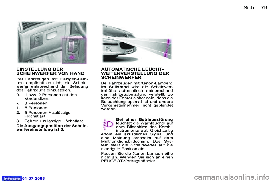 Peugeot 407 2005.5  Betriebsanleitung (in German) �S�i�c�h�t�7�8 �-
�0�1�-�0�7�-�2�0�0�5
�7�9�S�i�c�h�t�-
�0�1�-�0�7�-�2�0�0�5
�E�I�N�S�T�E�L�L�U�N�G� �D�E�R�  
�S�C�H�E�I�N�W�E�R�F�E�R� �V�O�N� �H�A�N�D
�B�e�i�  �F�a�h�r�z�e�u�g�e�n�  �m�i�t�  �H�a�