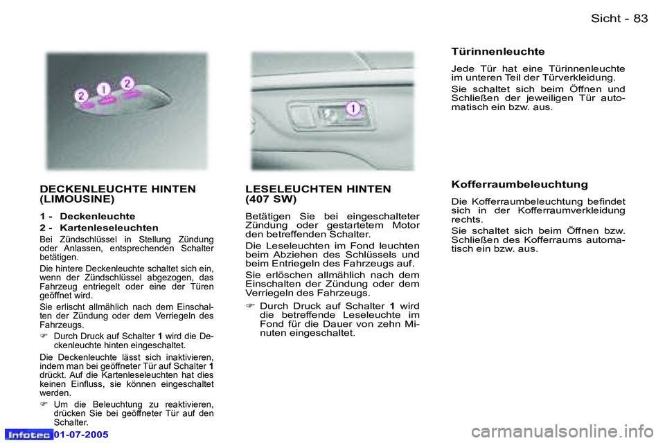 Peugeot 407 2005.5  Betriebsanleitung (in German) �S�i�c�h�t�8�2 �-
�0�1�-�0�7�-�2�0�0�5
�8�3�S�i�c�h�t�-
�0�1�-�0�7�-�2�0�0�5
�D�E�C�K�E�N�L�E�U�C�H�T�E� �H�I�N�T�E�N�  
�(�L�I�M�O�U�S�I�N�E�)
�1� �-�  �D�e�c�k�e�n�l�e�u�c�h�t�e�  
�2� �-�  �K�a�r�t