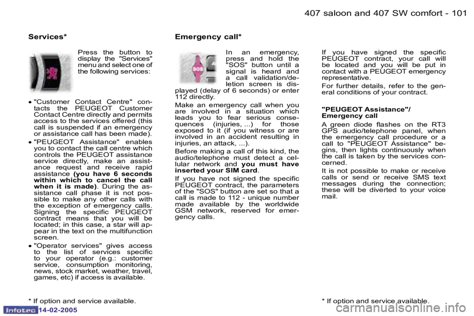 Peugeot 407 2005  Owners Manual �1�0�0 �-
�1�4�-�0�2�-�2�0�0�5
�1�0�1
�-
�1�4�-�0�2�-�2�0�0�5
�*� �I�f� �o�p�t�i�o�n� �a�n�d� �s�e�r�v�i�c�e� �a�v�a�i�l�a�b�l�e�.
�I�f�  �y�o�u�  �h�a�v�e�  �s�i�g�n�e�d�  �t�h�e�  �s�p�e�c�i�i�c�  
