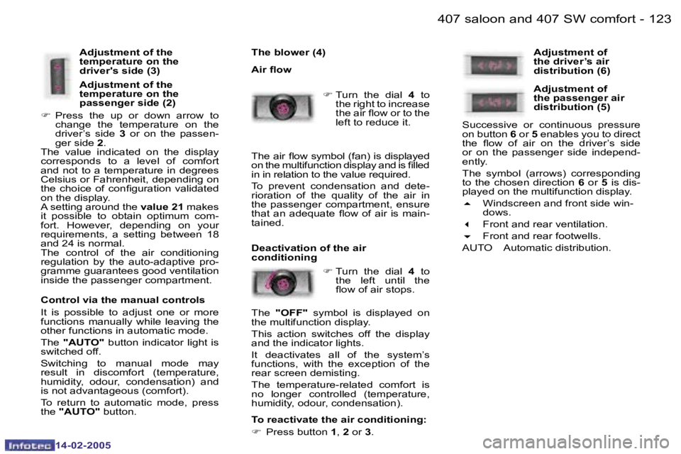 Peugeot 407 2005  Owners Manual �1�2�2 �-
�1�4�-�0�2�-�2�0�0�5
�1�2�3
�-
�1�4�-�0�2�-�2�0�0�5
�A�d�j�u�s�t�m�e�n�t� �o�f� �t�h�e�  
�t�e�m�p�e�r�a�t�u�r�e� �o�n� �t�h�e� 
�d�r�i�v�e�r�'�s� �s�i�d�e� �(
�3�)
�A�d�j�u�s�t�m�e�n�t�