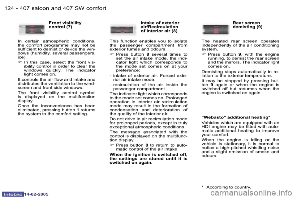 Peugeot 407 2005  Owners Manual �1�2�4 �-
�1�4�-�0�2�-�2�0�0�5
�1�2�5
�-
�1�4�-�0�2�-�2�0�0�5
�F�r�o�n�t� �v�i�s�i�b�i�l�i�t�y�  
�c�o�n�t�r�o�l� �(�7�)
�I�n�  �c�e�r�t�a�i�n�  �a�t�m�o�s�p�h�e�r�i�c�  �c�o�n�d�i�t�i�o�n�s�,� 
�t�h�