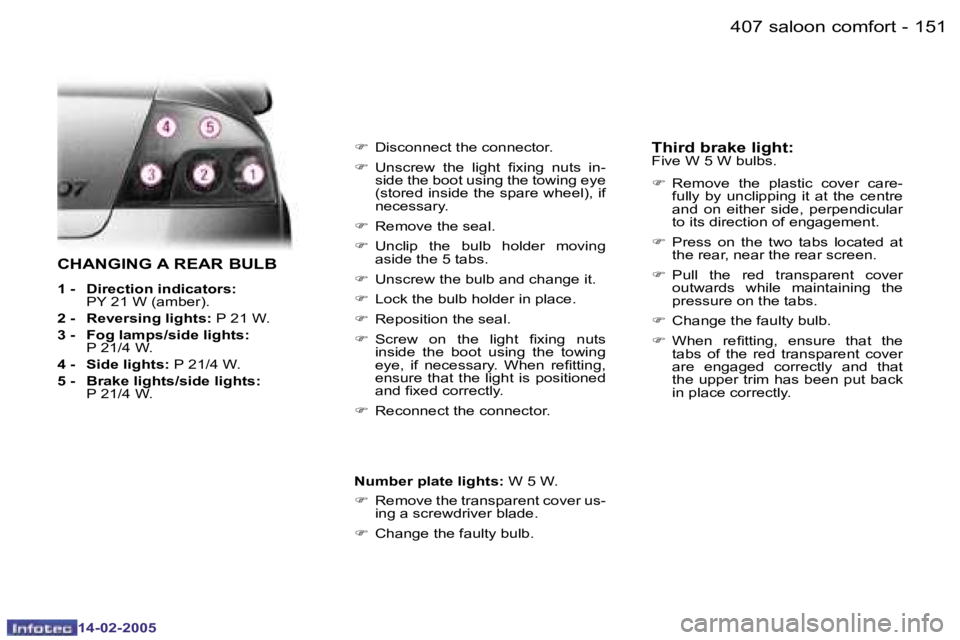 Peugeot 407 2005  Owners Manual �1�5�0 �-�1�5�1
�-
�C�H�A�N�G�I�N�G� �A� �R�E�A�R� �B�U�L�B
�1� �-�  �D�i�r�e�c�t�i�o�n� �i�n�d�i�c�a�t�o�r�s�:� 
�P�Y� �2�1� �W� �(�a�m�b�e�r�)�.
�2� �-�  �R�e�v�e�r�s�i�n�g� �l�i�g�h�t�s�: � �P� �2�