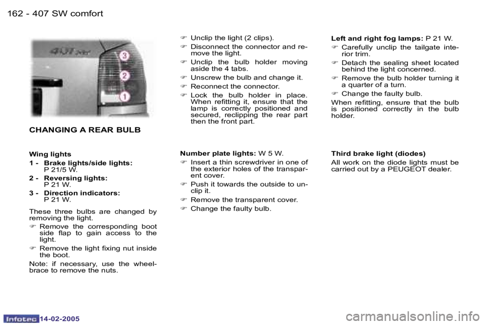 Peugeot 407 2005  Owners Manual �1�6�2 �-�1�6�3
�-
�C�H�A�N�G�I�N�G� �A� �R�E�A�R� �B�U�L�B
�W�i�n�g� �l�i�g�h�t�s 
�1� �-�  �B�r�a�k�e� �l�i�g�h�t�s�/�s�i�d�e� �l�i�g�h�t�s�: �P� �2�1�/�5� �W�.
�2� �-�  �R�e�v�e�r�s�i�n�g� �l�i�g�h