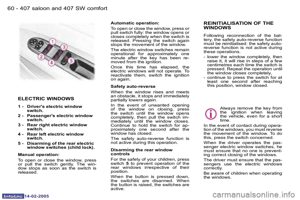 Peugeot 407 2005 Repair Manual �6�0 �-
�1�4�-�0�2�-�2�0�0�5
�6�1
�-
�1�4�-�0�2�-�2�0�0�5
�E�L�E�C�T�R�I�C� �W�I�N�D�O�W�S
�1� �-�  �D�r�i�v�e�r�'�s� �e�l�e�c�t�r�i�c� �w�i�n�d�o�w� 
�s�w�i�t�c�h�.� 
�2� �-� �  �P�a�s�s�e�n�g�e�
