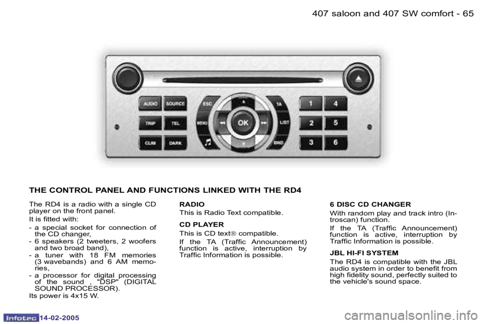 Peugeot 407 2005 Manual PDF �6�4 �-
�1�4�-�0�2�-�2�0�0�5
�6�5
�-
�1�4�-�0�2�-�2�0�0�5
�T�h�e�  �R�D�4�  �i�s�  �a�  �r�a�d�i�o�  �w�i�t�h�  �a�  �s�i�n�g�l�e�  �C�D�  
�p�l�a�y�e�r� �o�n� �t�h�e� �f�r�o�n�t� �p�a�n�e�l�. 
�I�t� 