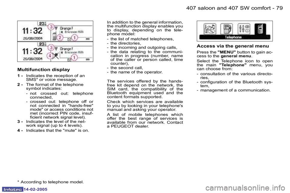 Peugeot 407 2005 Manual Online �7�8 �-
�1�4�-�0�2�-�2�0�0�5
�7�9
�-
�1�4�-�0�2�-�2�0�0�5
�M�u�l�t�i�f�u�n�c�t�i�o�n� �d�i�s�p�l�a�y
�1� �-
�  �I�n�d�i�c�a�t�e�s� �t�h�e� �r�e�c�e�p�t�i�o�n� �o�f� �a�n� 
�S�M�S�*� �o�r� �v�o�i�c�e� 