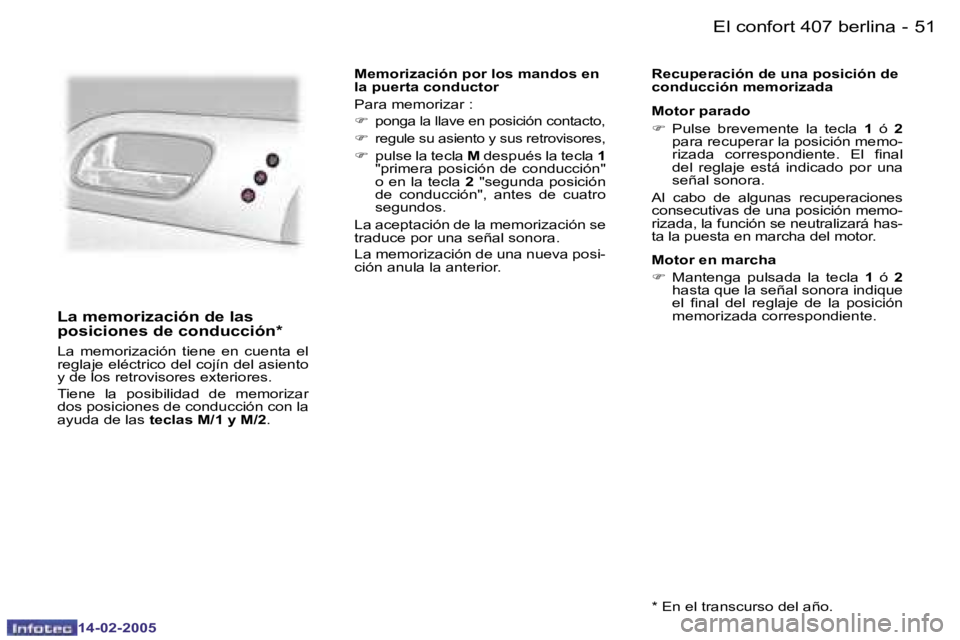 Peugeot 407 2005  Manual del propietario (in Spanish) �5�0 �-
�1�4�-�0�2�-�2�0�0�5
�5�1
�-
�1�4�-�0�2�-�2�0�0�5
�L�a� �m�e�m�o�r�i�z�a�c�i�ó�n� �d�e� �l�a�s�  
�p�o�s�i�c�i�o�n�e�s� �d�e� �c�o�n�d�u�c�c�i�ó�n�*
�L�a�  �m�e�m�o�r�i�z�a�c�i�ó�n�  �t�i�e