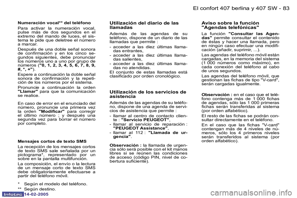 Peugeot 407 2005  Manual del propietario (in Spanish) �8�2 �-
�1�4�-�0�2�-�2�0�0�5
�8�3
�-
�1�4�-�0�2�-�2�0�0�5
�N�u�m�e�r�a�c�i�ó�n� �v�o�c�a�l�*�*� �d�e�l� �t�e�l�é�f�o�n�o 
�P�a�r�a�  �a�c�t�i�v�a�r�  �l�a�  �n�u�m�e�r�a�c�i�ó�n�  �v�o�c�a�l�,�  
�
