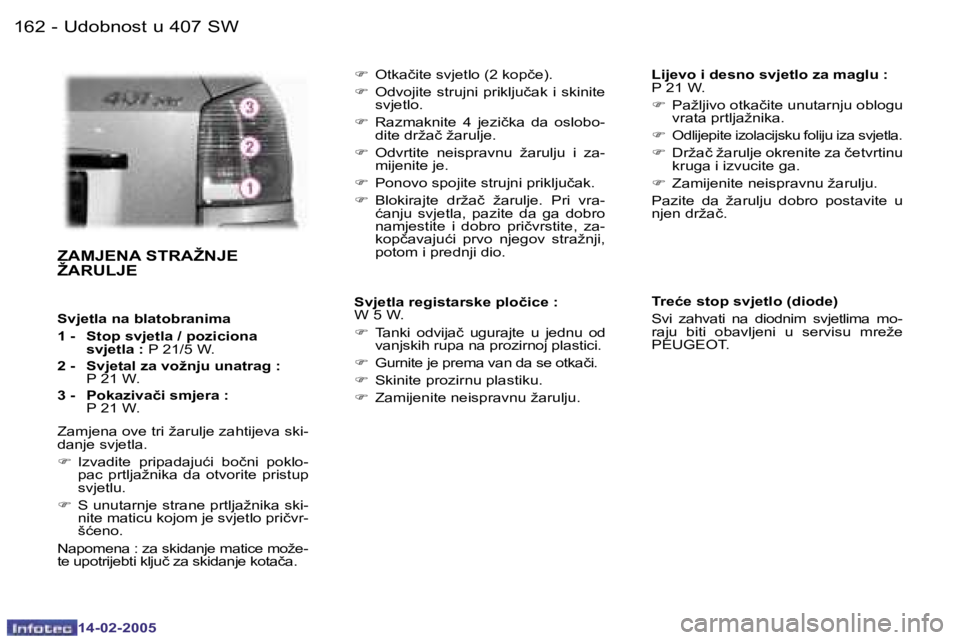 Peugeot 407 2005  Vodič za korisnike (in Croatian) �U�d�o�b�n�o�s�t� �u� �4�0�7� �S�W
�1�6�2 �- �1�6�3
�S�i�g�u�r�n�o�s�t
�-
�Z�A�M�J�E�N�A� �S�T�R�A�Ž�N�J�E�  
�Ž�A�R�U�L�J�E
�S�v�j�e�t�l�a� �n�a� �b�l�a�t�o�b�r�a�n�i�m�a 
�1� �-�  �S�t�o�p� �s�v�j