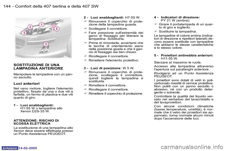 Peugeot 407 2005  Manuale del proprietario (in Italian) �1�4�4 �-
�1�4�-�0�2�-�2�0�0�5
�1�4�5
�-
�1�4�-�0�2�-�2�0�0�5
�S�O�S�T�I�T�U�Z�I�O�N�E� �D�I� �U�N�A�  
�L�A�M�P�A�D�I�N�A� �A�N�T�E�R�I�O�R�E
�M�a�n�i�p�o�l�a�r�e� �l�e� �l�a�m�p�a�d�i�n�e� �c�o�n� �