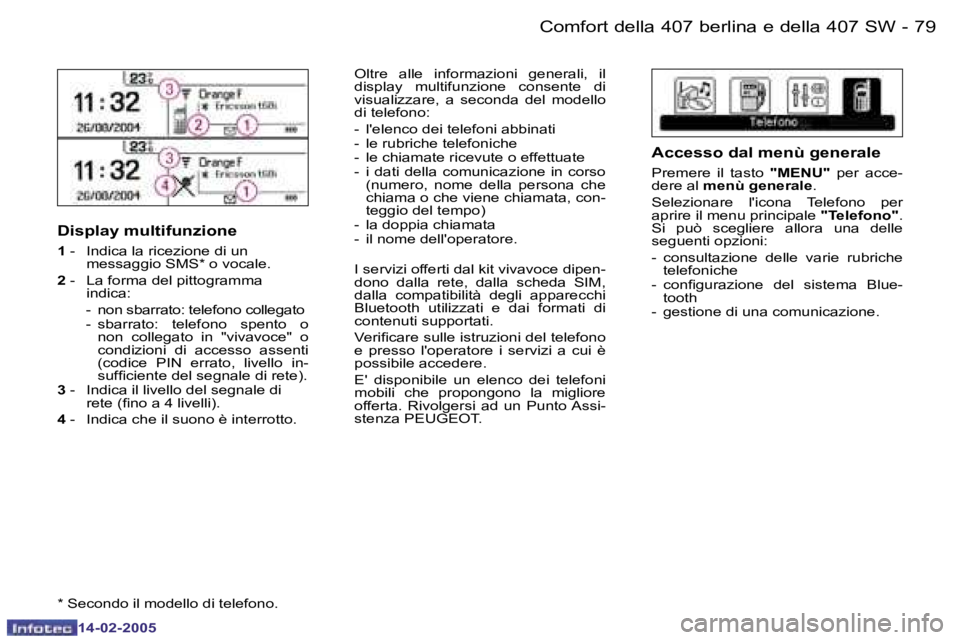 Peugeot 407 2005  Manuale del proprietario (in Italian) �7�8 �-
�1�4�-�0�2�-�2�0�0�5
�7�9
�-
�1�4�-�0�2�-�2�0�0�5
�D�i�s�p�l�a�y� �m�u�l�t�i�f�u�n�z�i�o�n�e
�1� 
�-�  �I�n�d�i�c�a� �l�a� �r�i�c�e�z�i�o�n�e� �d�i� �u�n� 
�m�e�s�s�a�g�g�i�o� �S�M�S�*� �o� �v