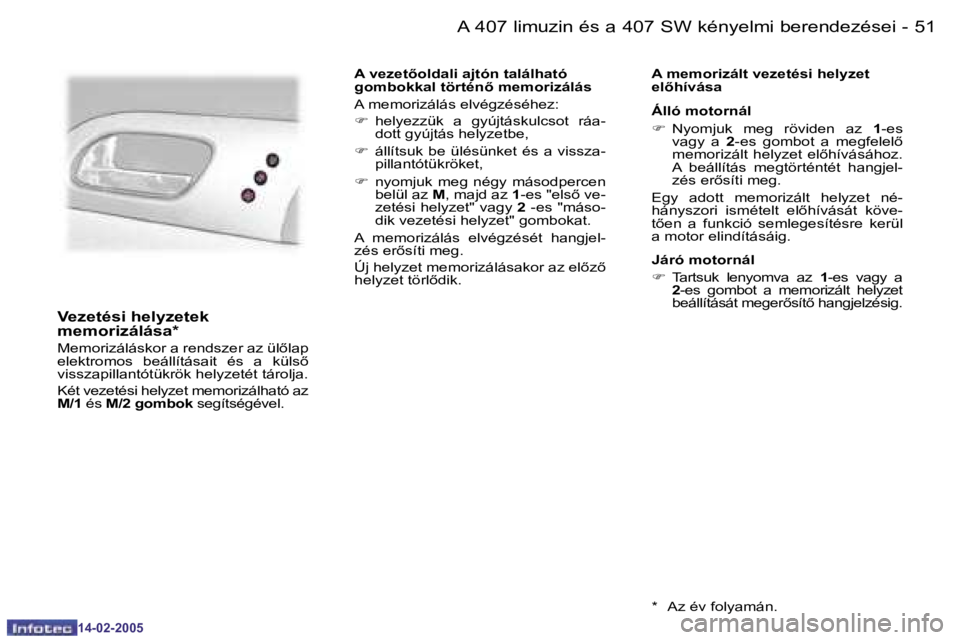 Peugeot 407 2005  Kezelési útmutató (in Hungarian) �5�0 �-
�1�4�-�0�2�-�2�0�0�5
�5�1�A� �4�0�7� �l�i�m�u�z�i�n� �é�s� �a� �4�0�7� �S�W� �k�é�n�y�e�l�m�i� �b�e�r�e�n�d�e�z�é�s�e�i�-
�1�4�-�0�2�-�2�0�0�5
�V�e�z�e�t�é�s�i� �h�e�l�y�z�e�t�e�k�  
�m�e�