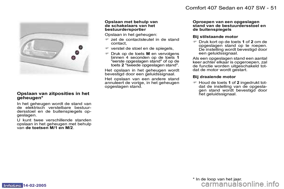 Peugeot 407 2005  Handleiding (in Dutch) �5�0 �-
�1�4�-�0�2�-�2�0�0�5
�5�1
�-
�1�4�-�0�2�-�2�0�0�5
�O�p�s�l�a�a�n� �v�a�n� �z�i�t�p�o�s�i�t�i�e�s� �i�n� �h�e�t�  
�g�e�h�e�u�g�e�n�*
�I�n� �h�e�t� �g�e�h�e�u�g�e�n� �w�o�r�d�t� �d�e� �s�t�a�n�